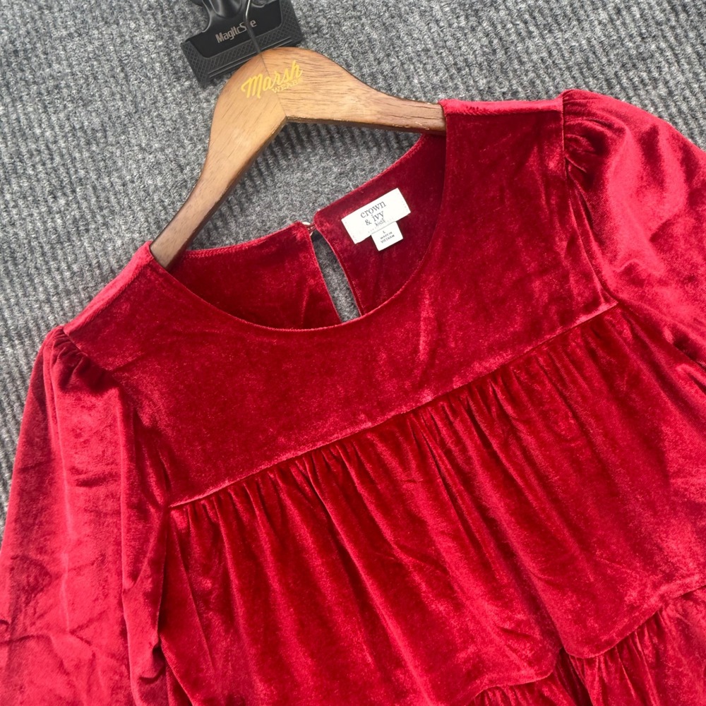 Crown & Ivy Velvet Tiered Dress Kids Large Cranberry NWT Long Sleeve Holiday